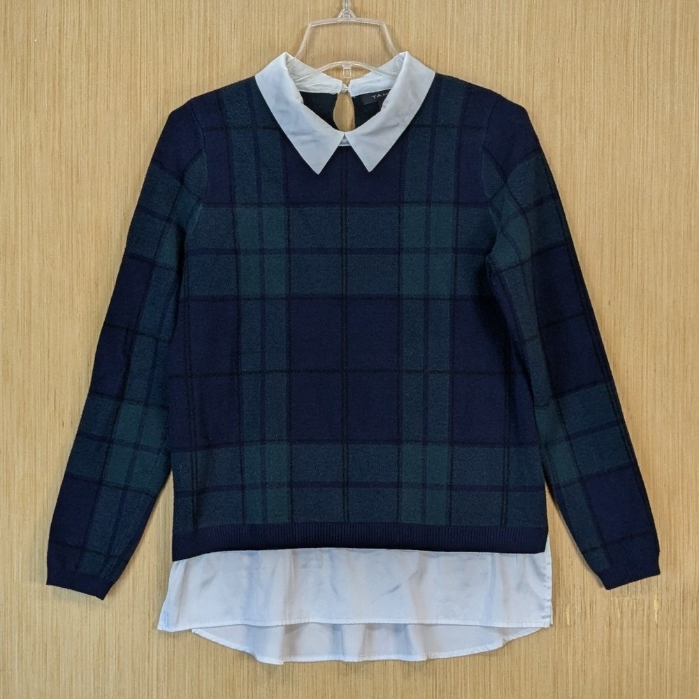 Tahari Women Preppy Academia Old Money Blue Green Plaid Layered Sweater Large